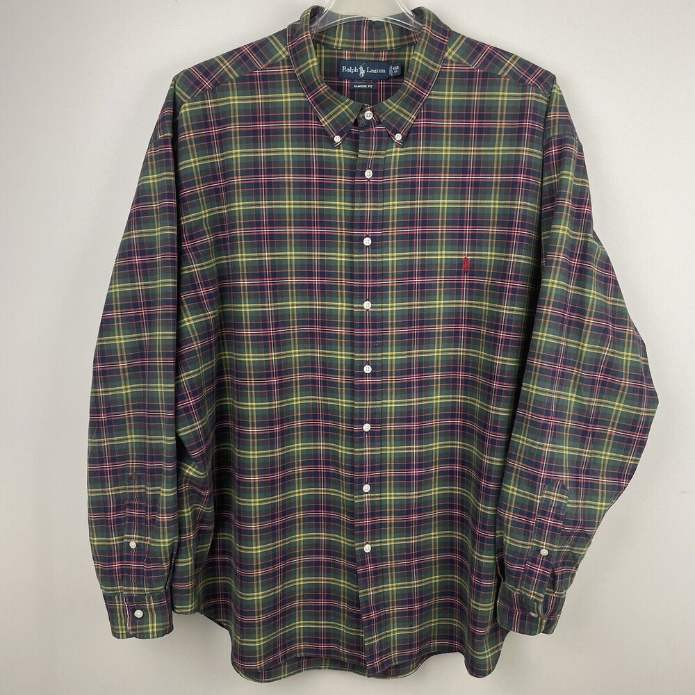 Ralph Lauren Classic Fit Shirt Mens 4XB Big Green Tartan Plaid Preppy Red Pony